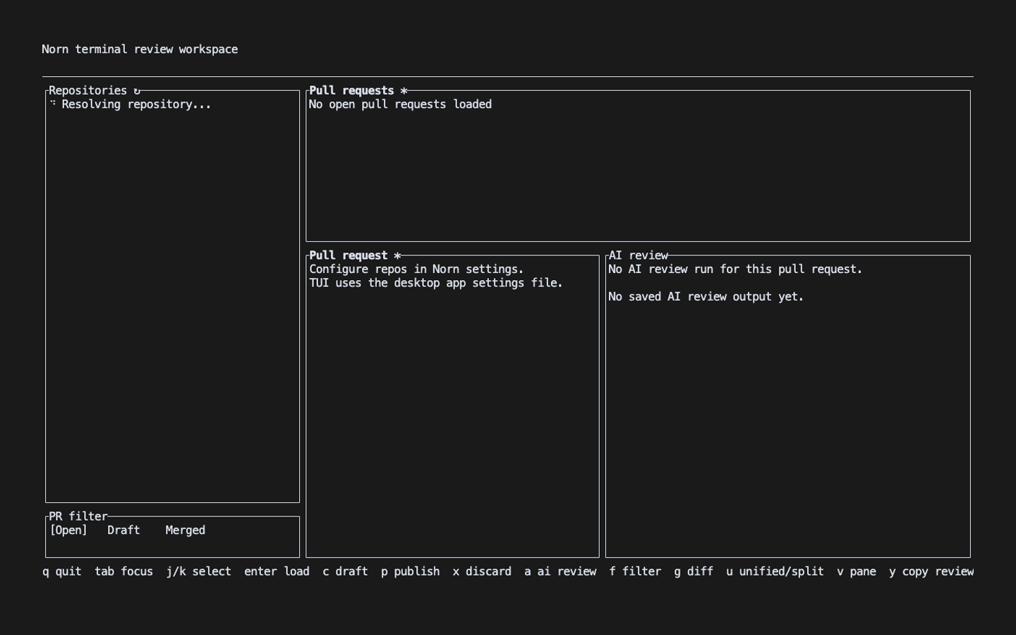 Norn terminal review workspace with repository, pull request, and AI review panes
